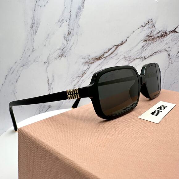 MIU MIU Sunglasses New Black Square Rectangle Acetate Gold Metal Logo Authentic - Picture 10 of 16
